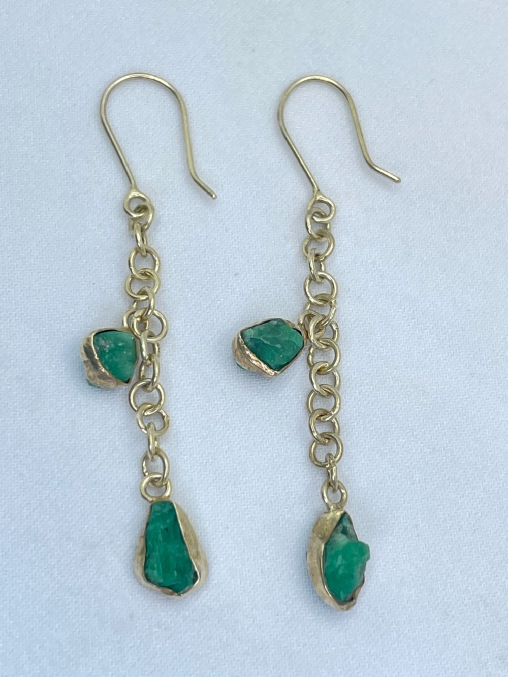 Raw Emerald Dangle Earrings 925 Sterling Silver 10K Gold Drop Gemstone Vintage